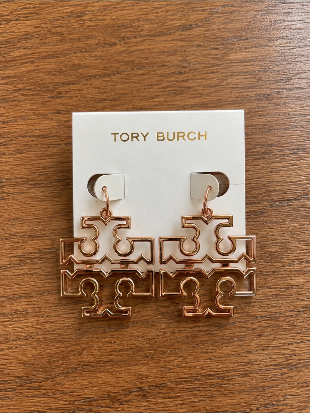 Tory Burch Britten Rose Gold Double Logo Drop Earrings